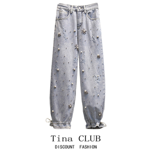Tina CLUB大码女装春秋季胖mm设计感小众高腰显瘦九分牛仔裤子