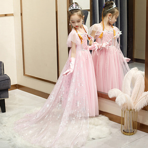 女童爱莎公主裙儿童拖地披风连衣裙子粉色爱沙迪士尼新款洋气礼服