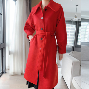 红色毛呢大衣中长款秋冬季新年韩版修身加棉加厚呢子外套女结婚