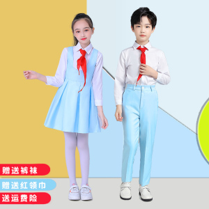 儿童大合唱表演服中小学生女童舞蹈礼服诗歌朗诵白色长袖演出服装