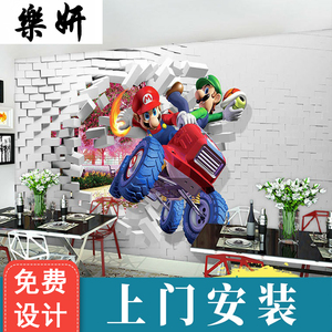 游戏超级玛丽墙纸3D马里奥背景墙装修饰电玩城游乐园玩具店壁纸画