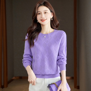 紫色毛衣女款2024新款春装薄款针织衫女士低领打底衫春秋大码上衣
