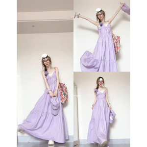 超好看紫色v领吊带连衣裙茶歇法式气质长裙今年流行爆款裙子夏季