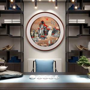 新中式玄关装饰画走廊过道客厅挂画沙发背景墙圆形灯餐厅玉石壁画