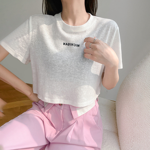 短款高腰短袖t恤女学生韩版宽松打底背带裤内搭冰丝粉色上衣夏季