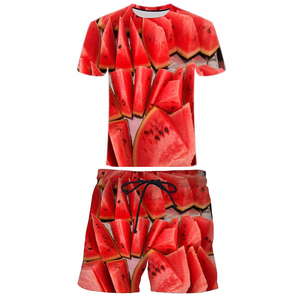夏季新款西瓜水果图案3D数码印花T恤 潮男女宽松圆领短袖套装