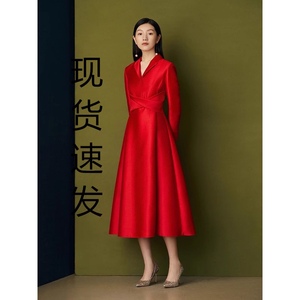影儿SongofSong歌中歌秋冬新款中国红气质交叉收腰褶皱洋装