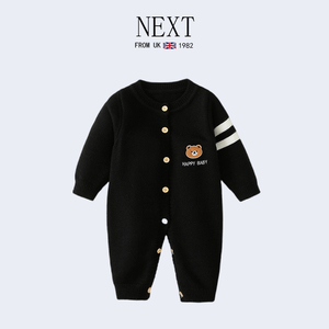 Next婴儿春秋纯棉小熊针织开衫外套宝宝外出连体衣黑色长袖爬服男
