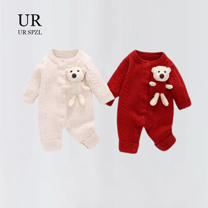UR SPZL婴幼儿衣服秋冬外套男女宝宝红色针织毛衣连体哈衣拜年服
