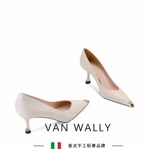 VAN WALLY新款晚风温柔单鞋淑女气质尖头胎牛皮白色高跟鞋女春季