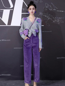 小香风套装女装2022新款秋季气质女神范针织上衣紫色灯芯绒阔腿裤