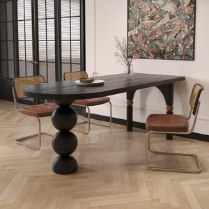 法式复古实木餐桌椭圆形家用小户型黑色中古风客厅饭桌书桌一体桌