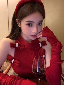 纯欲甜辣妹y2k袖套上衣女秋冬半高领针织打底衫内搭新年红色毛衣