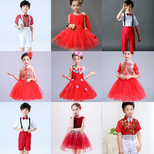 六一儿童演出服女孩跳舞蓬蓬裙花朵亮片幼儿园舞蹈合唱表演服红色