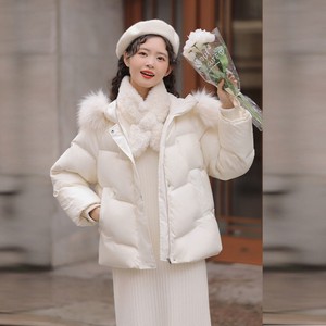 短款羽绒棉服女冬季2023小个子加厚保暖白色大毛领外套小众设计感