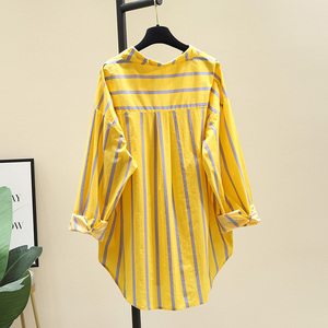 韩国中长款黄色条纹衬衫女2024春夏新款蝙蝠袖衬衣设计感上衣外套