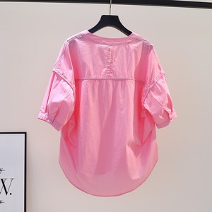 韩国粉红色棉布衬衫女春秋文艺范圆领短袖上衣设计感拼接宽松衬衣