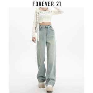 Forever 21浅色高腰直筒牛仔裤女2024春款高个子显瘦阔腿拖地裤子