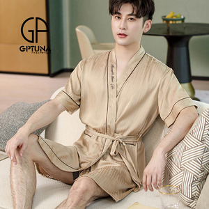 日本GP男士睡袍夏季冰丝短袖高级感中长款真丝绸和服领浴袍男睡衣