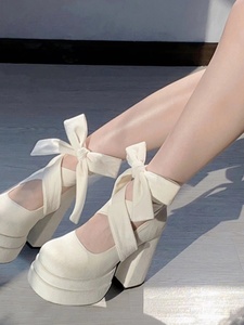 玛丽珍lo鞋白色小皮鞋女夏季交叉绑带高跟鞋绒面防水台设计感