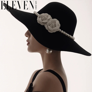 法式黑色大檐羊毛礼帽优雅复古赫本风英伦名媛珍珠大沿帽写真造型