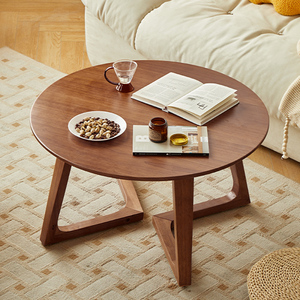 新中式复古风客厅家用实木圆形茶几侘寂沙发原木边几日式小圆桌子