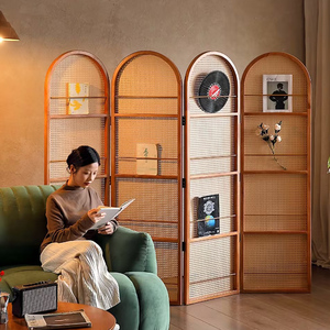 中式复古实木藤编屏风隔断日式家用移动置物书架客厅遮挡简约玄关