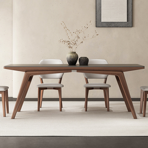 实木岩板餐桌长方形现代简约白蜡木胡桃色哑光灰色岩板饭桌子家用
