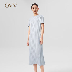 【日本进口三醋酸】OVV2022春夏新款女装A字镂空短袖连衣裙蓝灰19