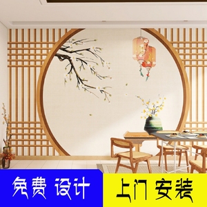 中式古风花鸟壁纸采耳店瑜伽养生馆茶室装饰壁画宁静典雅诗词墙纸