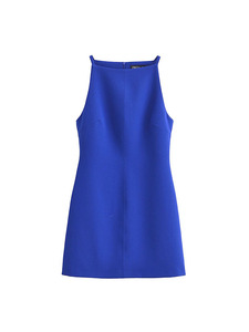 ZADATA女装新款欧美气质收腰克莱茵蓝一字领无袖短连衣裙 9479049