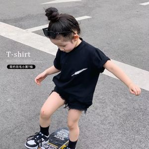 巴拉巴拉韩系女童短袖T恤黑色短裤牛仔套装夏装薄款毛边短裤宝宝