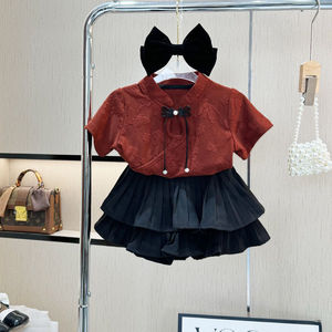 巴拉巴拉韩系女童夏款套装2024新款女宝宝新国风中式短袖上衣百折