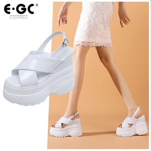 14cm内增高鞋子女款夏季白色厚底坡跟鱼嘴凉鞋一字带超高跟鞋C594