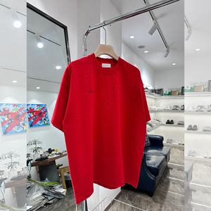 2024夏季新款红色破洞设计感圆领短袖T恤中长款宽松百搭上衣女ins