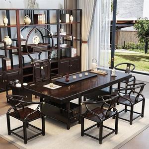 新中式黑檀木实木大板茶桌一桌五椅整套家用办公禅意泡茶桌椅组合