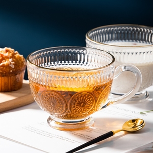 日本玻璃碗带勺子浮雕太阳花水杯女夏早餐杯燕麦杯子家用茶杯带把