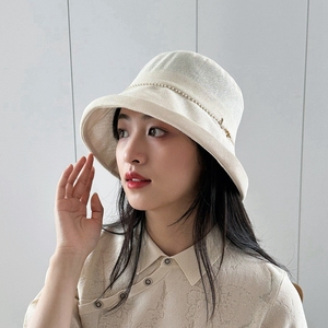 Charn Kiond 日本和纸帽时尚优雅气质洋气珍珠大帽檐渔夫帽遮阳帽