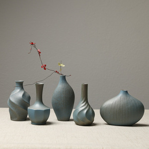 禅意粗陶花器复古陶瓷花瓶中日式陶瓷小花插软装陶艺桌面摆件