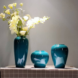 新中式花瓶摆件孔雀绿颜色釉陶瓷花器家居软装饰品样板间配饰