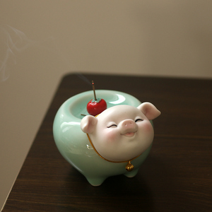 诸事大吉青瓷可爱小猪摆件卡通线香香插创意茶室摆设香座工艺品