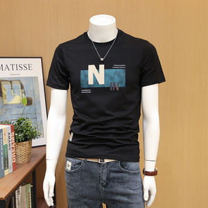 香港潮牌2023夏季新款男士短袖T恤韩版潮流修身半袖贴布印花薄款