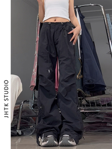 美式复古辣妹低腰工装休闲裤女夏季设计感薄款宽松直筒微喇叭裤子