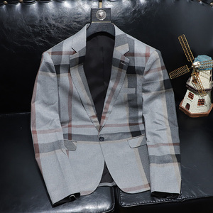 YCL 设计感时尚男装 春秋季新款潮流格纹灰色西装外套男休闲单西