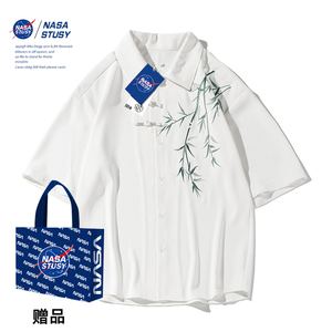 NASA夏季新款男士日系休闲时尚百搭柔软透气短袖衬衫简约情侣衬衣