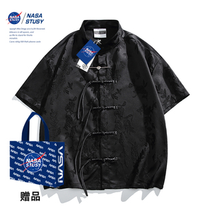 NASA官方2024新中式水仙花纹理短袖衬衫潮牌痞帅半袖情侣唐装衬衣