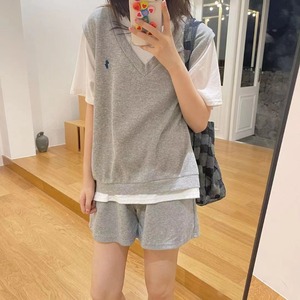 樱田川岛2c021年夏季新款设计感套装韩版宽松V领假两件短袖短裤女