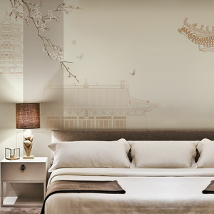 现代中式意境淡雅梅花阁楼沙发背景墙纸壁布客厅卧室环保定制壁画