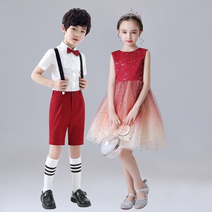 六一儿童节演出服小学生合唱女童红色舞蹈纱裙男童背带裤表演服装