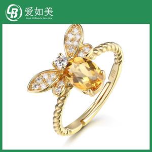 戒指蜜蜂黄水晶天然小纯银开口女彩宝小众设计首饰耳钉指环镀14k